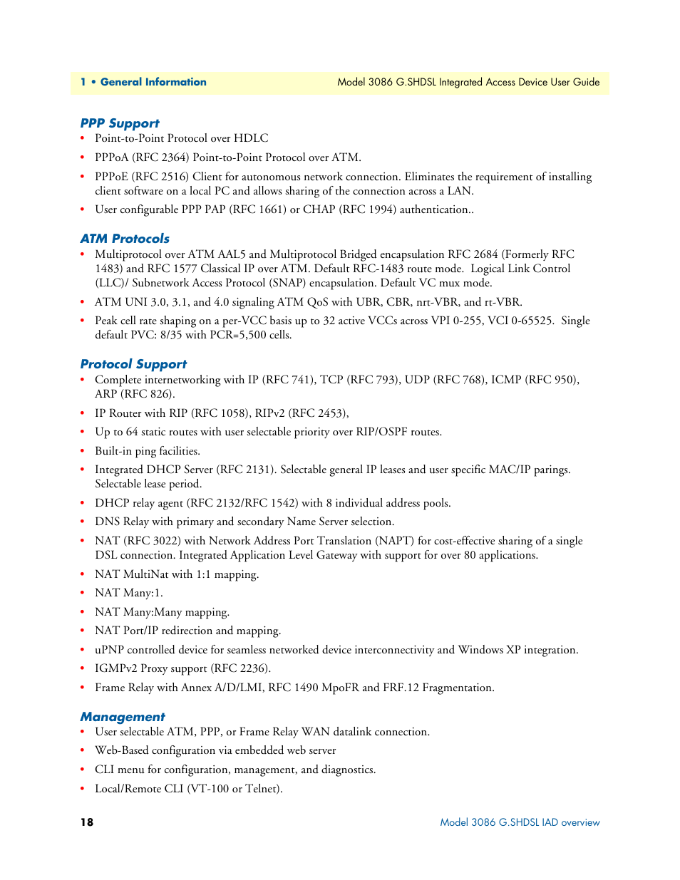 Ppp support, Atm protocols, Protocol support | Management | Patton electronic G.SHDSL INTEGRATED 3086 User Manual | Page 18 / 196