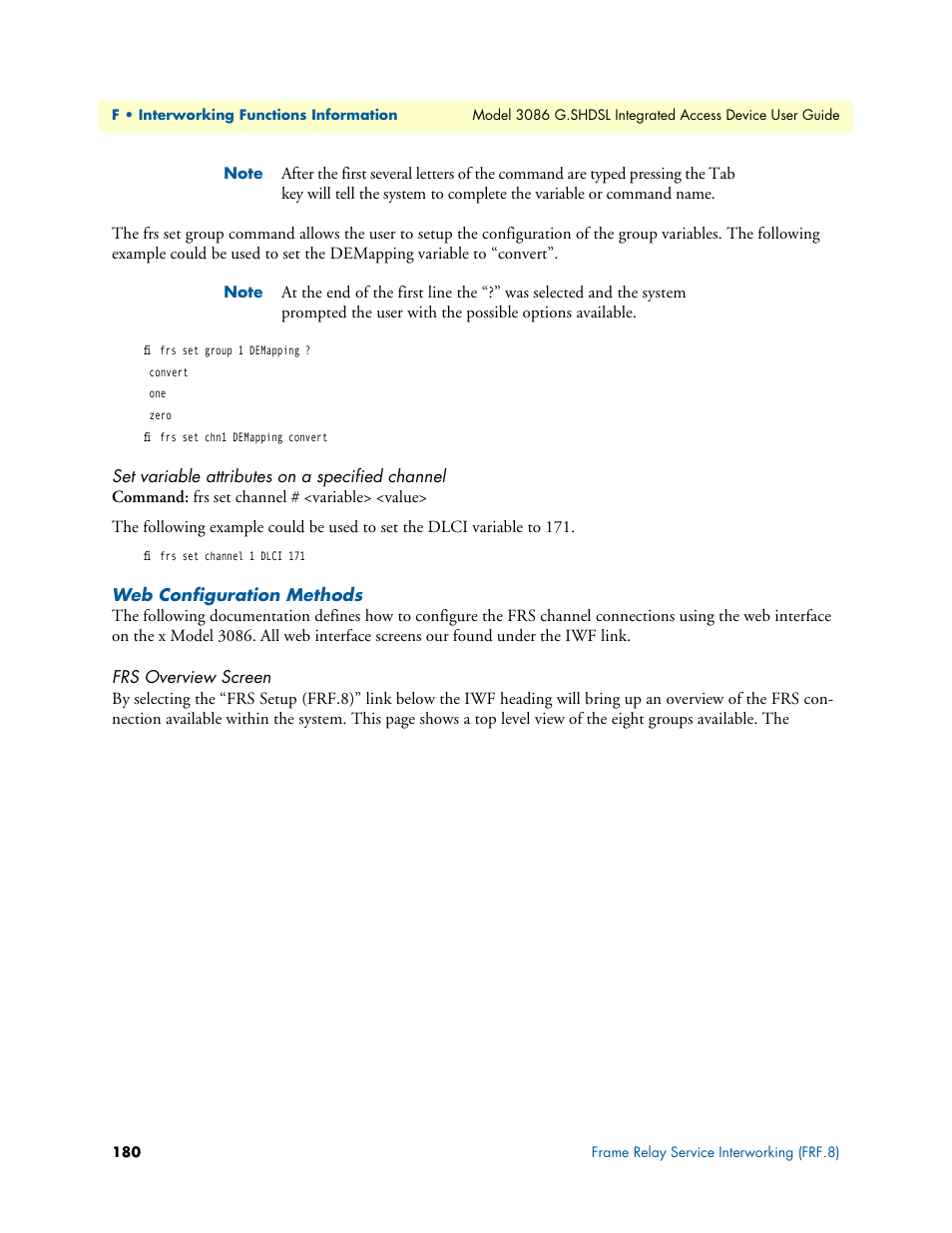 Set variable attributes on a specified channel, Web configuration methods, Frs overview screen | Patton electronic G.SHDSL INTEGRATED 3086 User Manual | Page 180 / 196