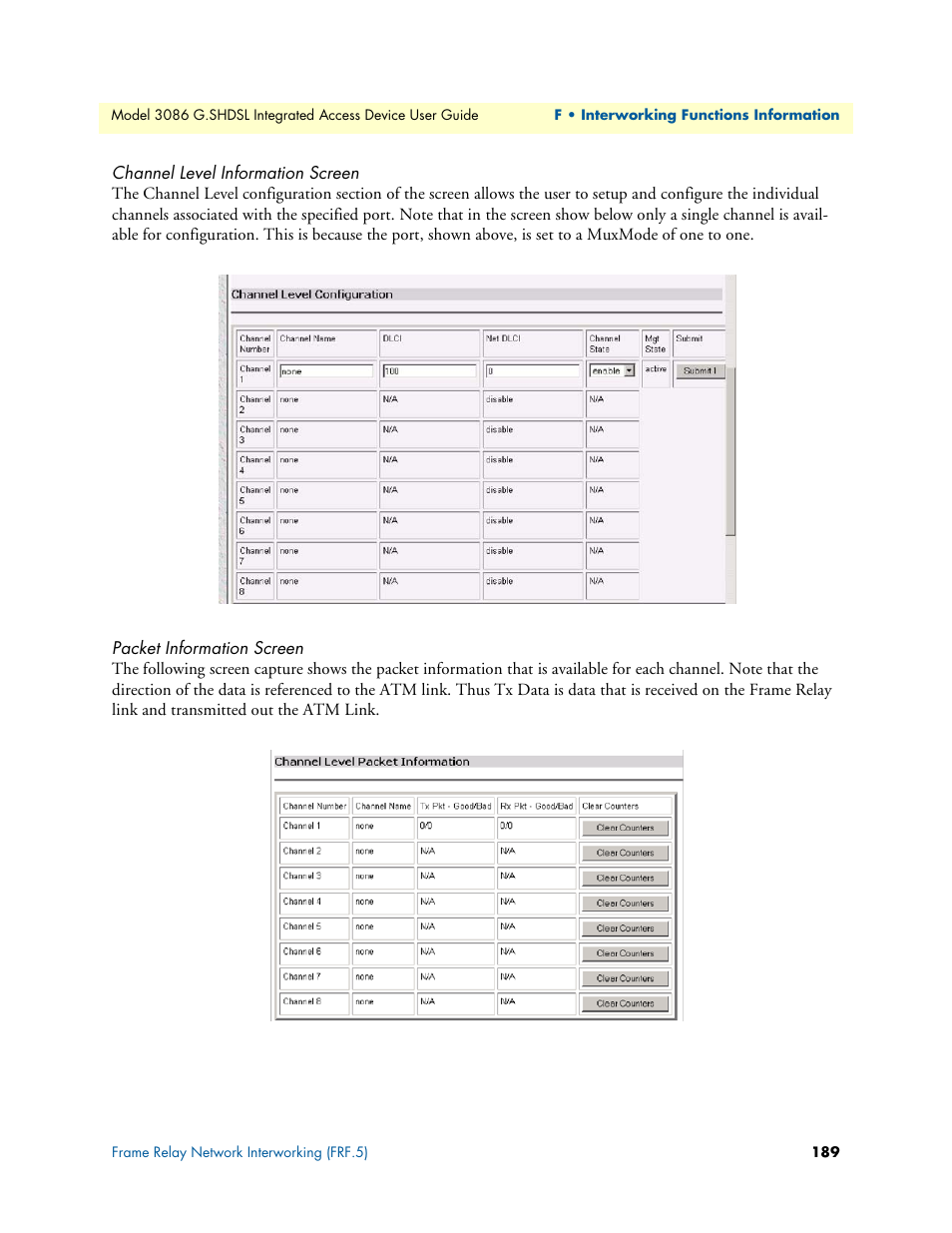 Channel level information screen, Packet information screen | Patton electronic G.SHDSL INTEGRATED 3086 User Manual | Page 189 / 196