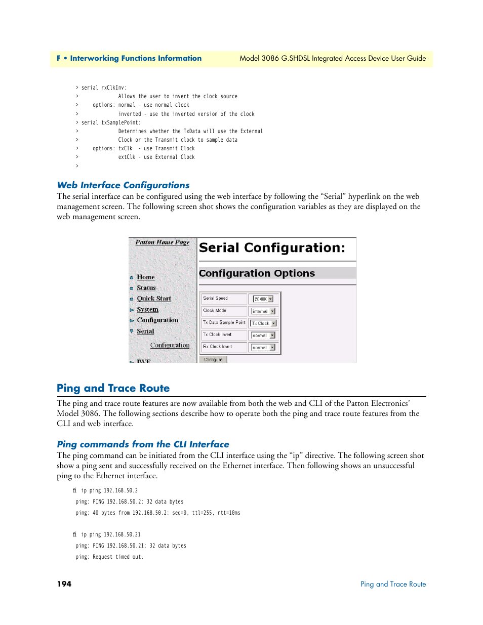 Web interface configurations, Ping and trace route, Ping commands from the cli interface | Patton electronic G.SHDSL INTEGRATED 3086 User Manual | Page 194 / 196