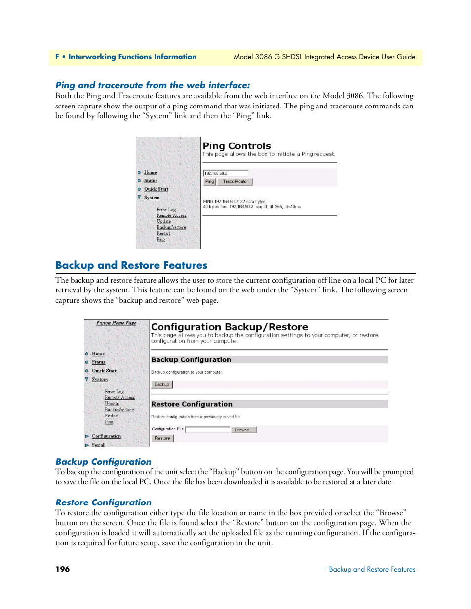 Ping and traceroute from the web interface, Backup and restore features, Backup configuration | Restore configuration, Backup configuration restore configuration | Patton electronic G.SHDSL INTEGRATED 3086 User Manual | Page 196 / 196