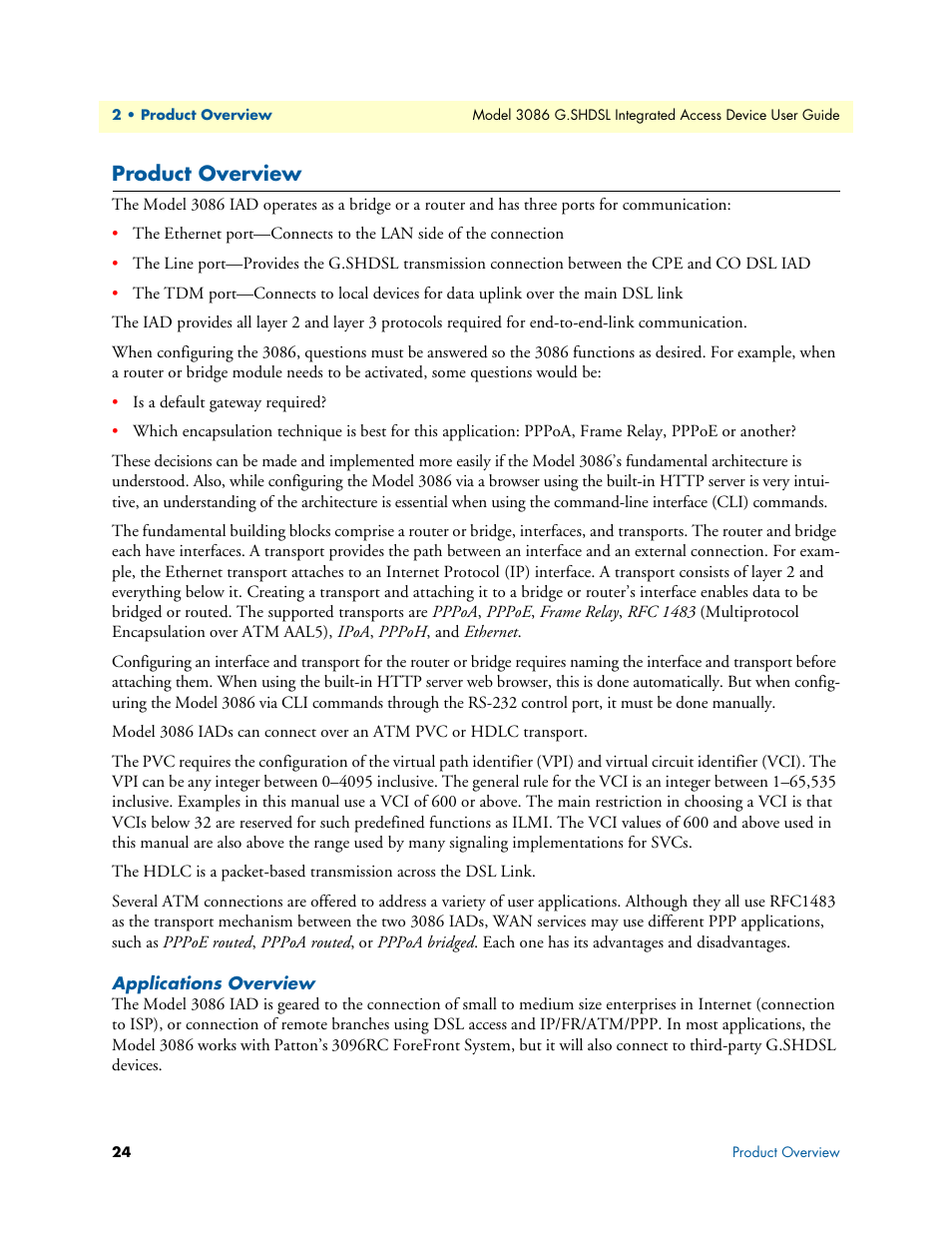 Product overview, Applications overview | Patton electronic G.SHDSL INTEGRATED 3086 User Manual | Page 24 / 196