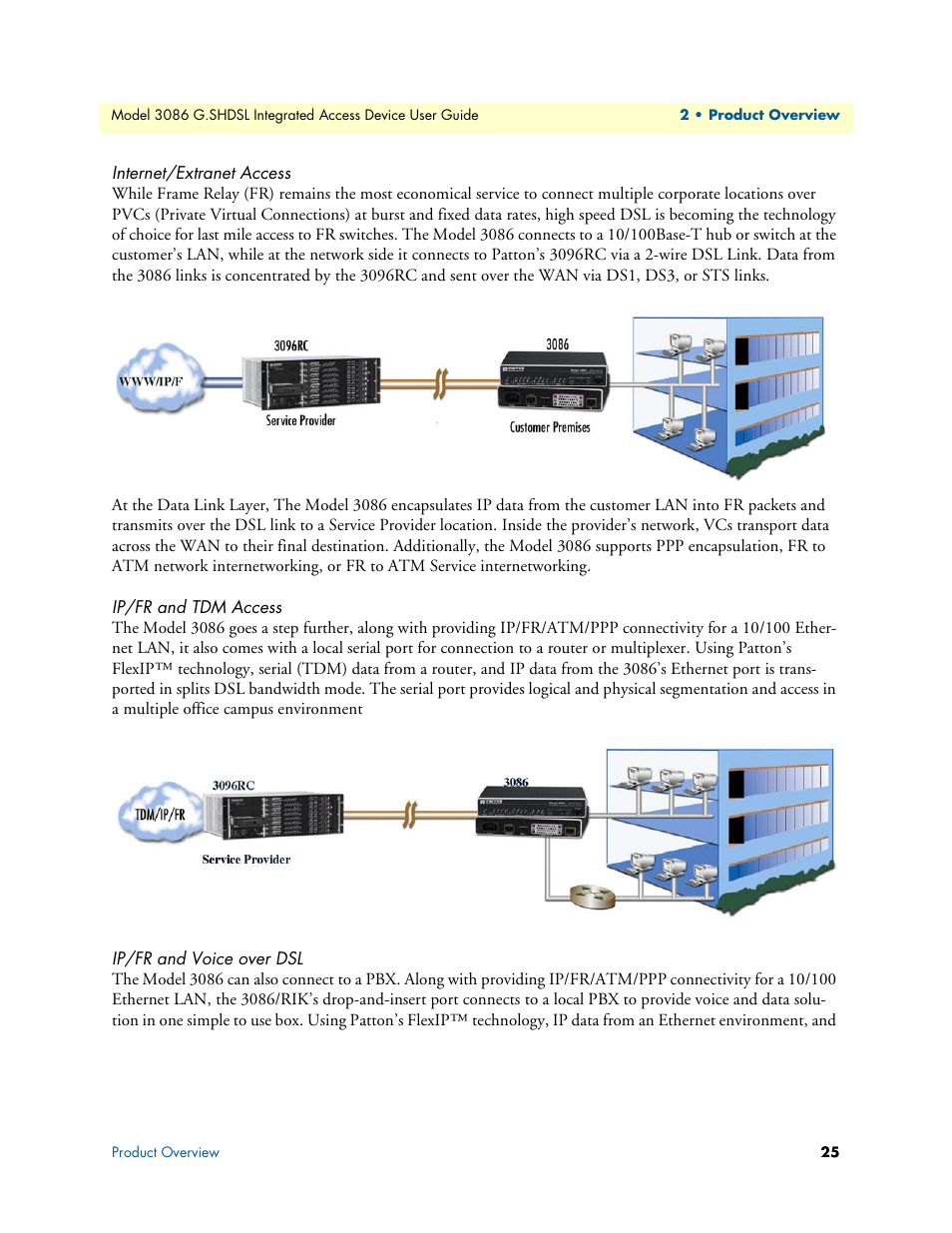 Internet/extranet access, Ip/fr and tdm access, Ip/fr and voice over dsl | Patton electronic G.SHDSL INTEGRATED 3086 User Manual | Page 25 / 196