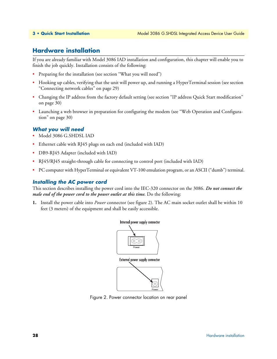 Hardware installation, What you will need, Installing the ac power cord | What you will need installing the ac power cord | Patton electronic G.SHDSL INTEGRATED 3086 User Manual | Page 28 / 196