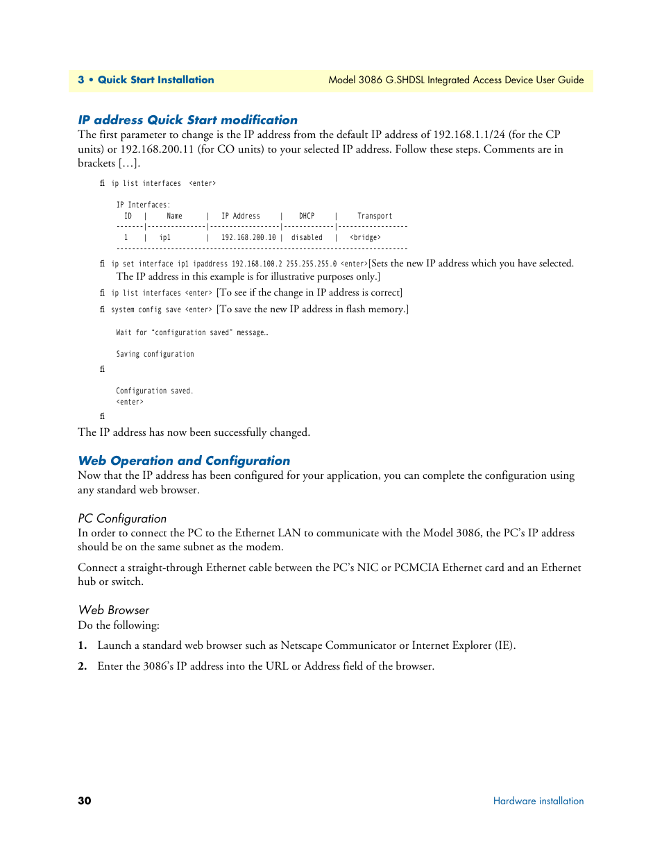 Ip address quick start modification, Web operation and configuration, Pc configuration | Web browser, Pc configuration web browser | Patton electronic G.SHDSL INTEGRATED 3086 User Manual | Page 30 / 196