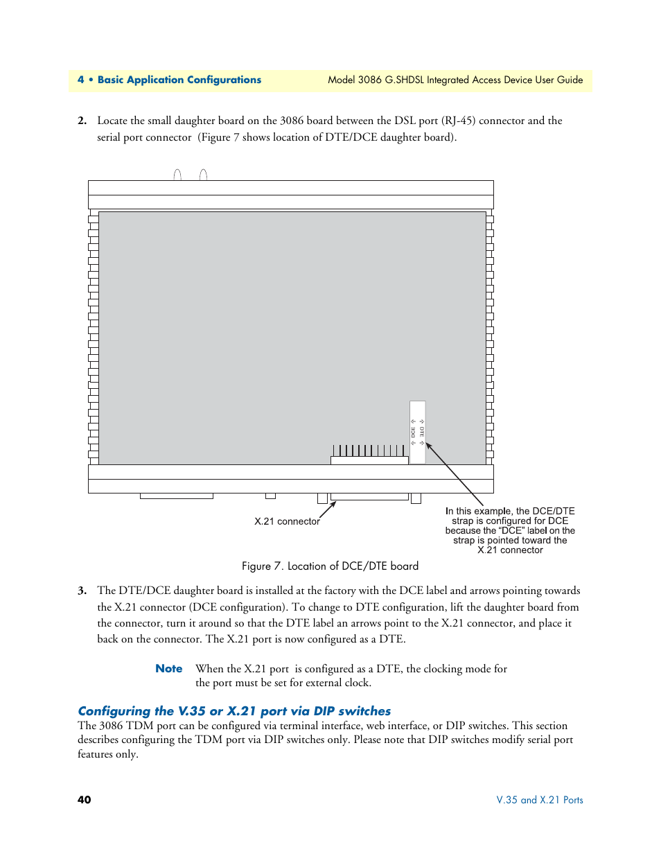 Configuring the v.35 or x.21 port via dip switches | Patton electronic G.SHDSL INTEGRATED 3086 User Manual | Page 40 / 196