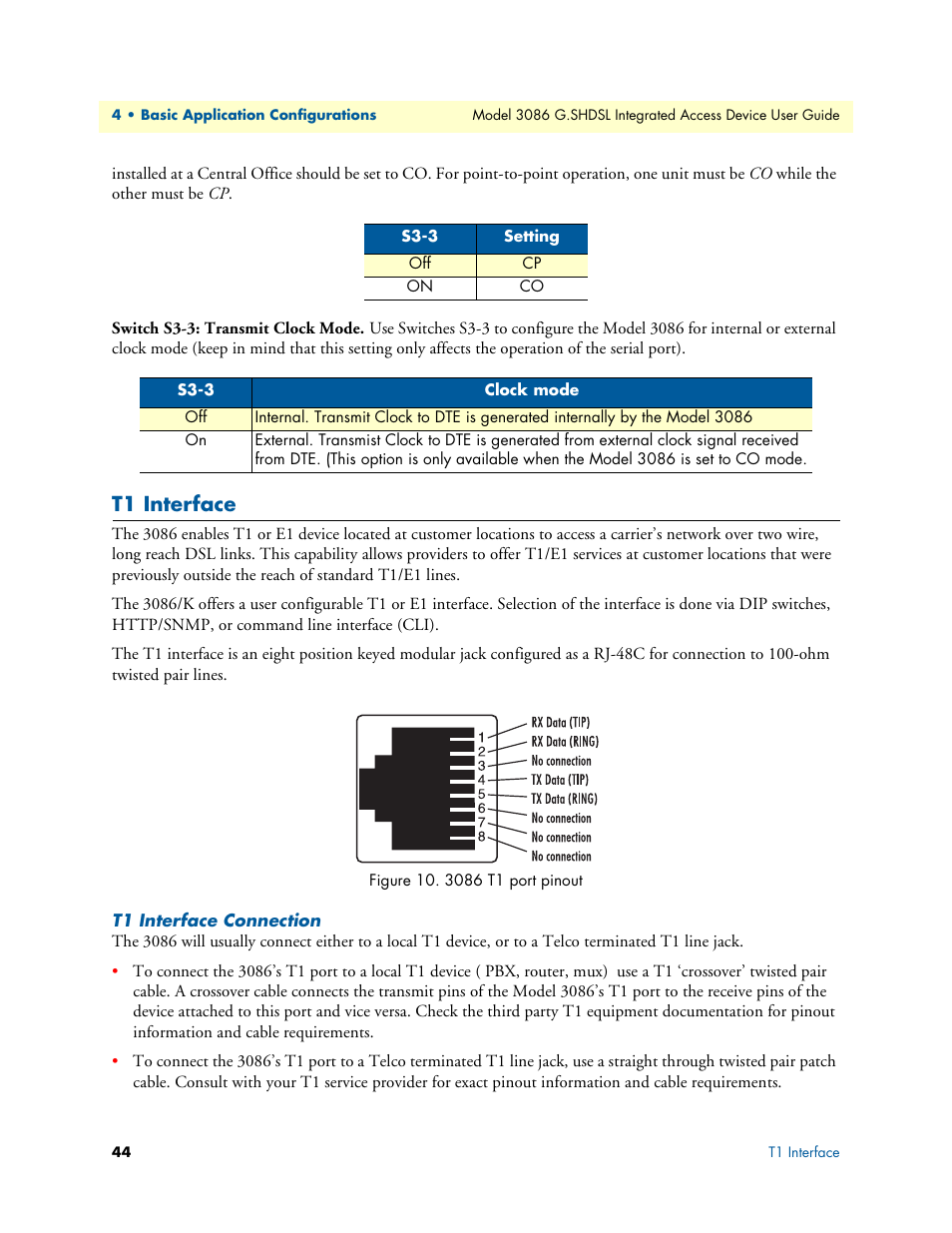 T1 interface, T1 interface connection, Switch s3-3: transmit clock mode | Patton electronic G.SHDSL INTEGRATED 3086 User Manual | Page 44 / 196