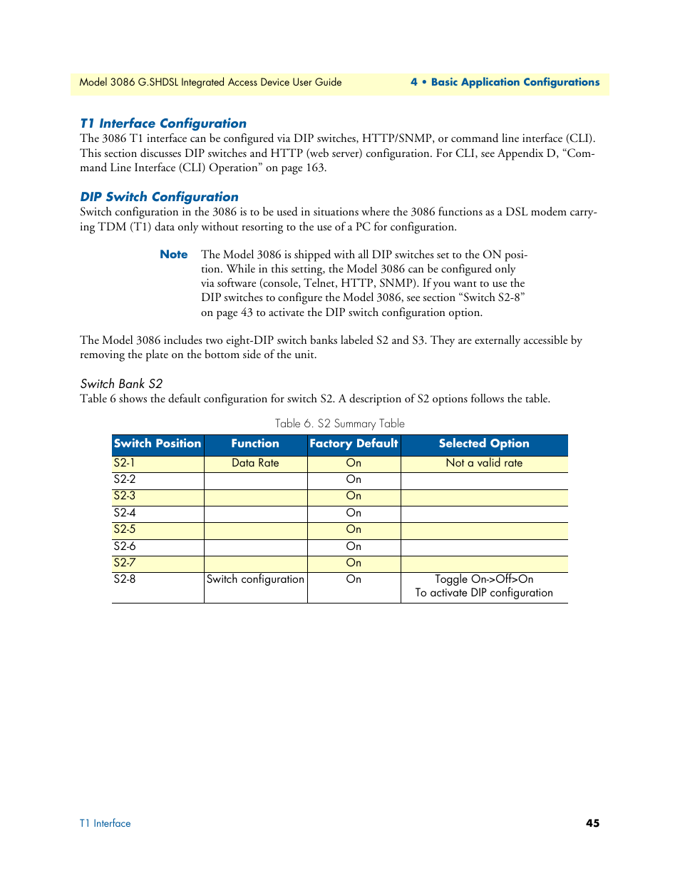 T1 interface configuration, Dip switch configuration, Switch bank s2 | Patton electronic G.SHDSL INTEGRATED 3086 User Manual | Page 45 / 196