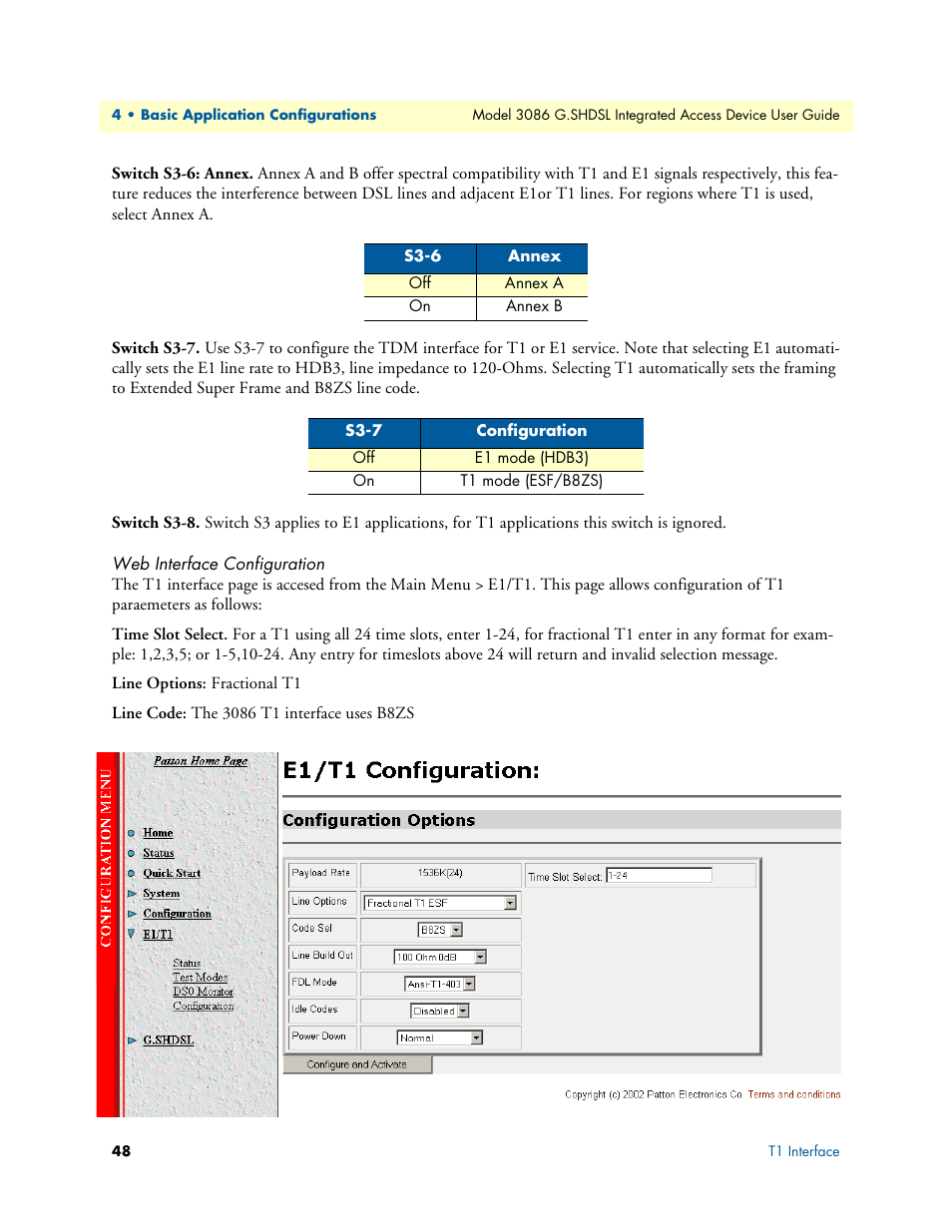 Web interface configuration, Switch s3-6: annex switch s3-7 switch s3-8 | Patton electronic G.SHDSL INTEGRATED 3086 User Manual | Page 48 / 196