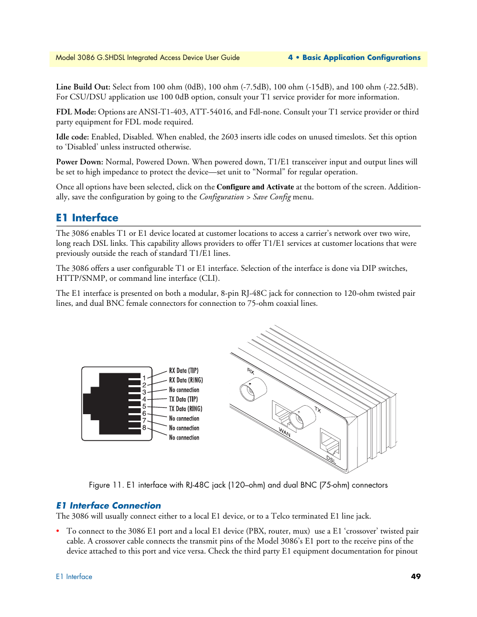 E1 interface, E1 interface connection | Patton electronic G.SHDSL INTEGRATED 3086 User Manual | Page 49 / 196