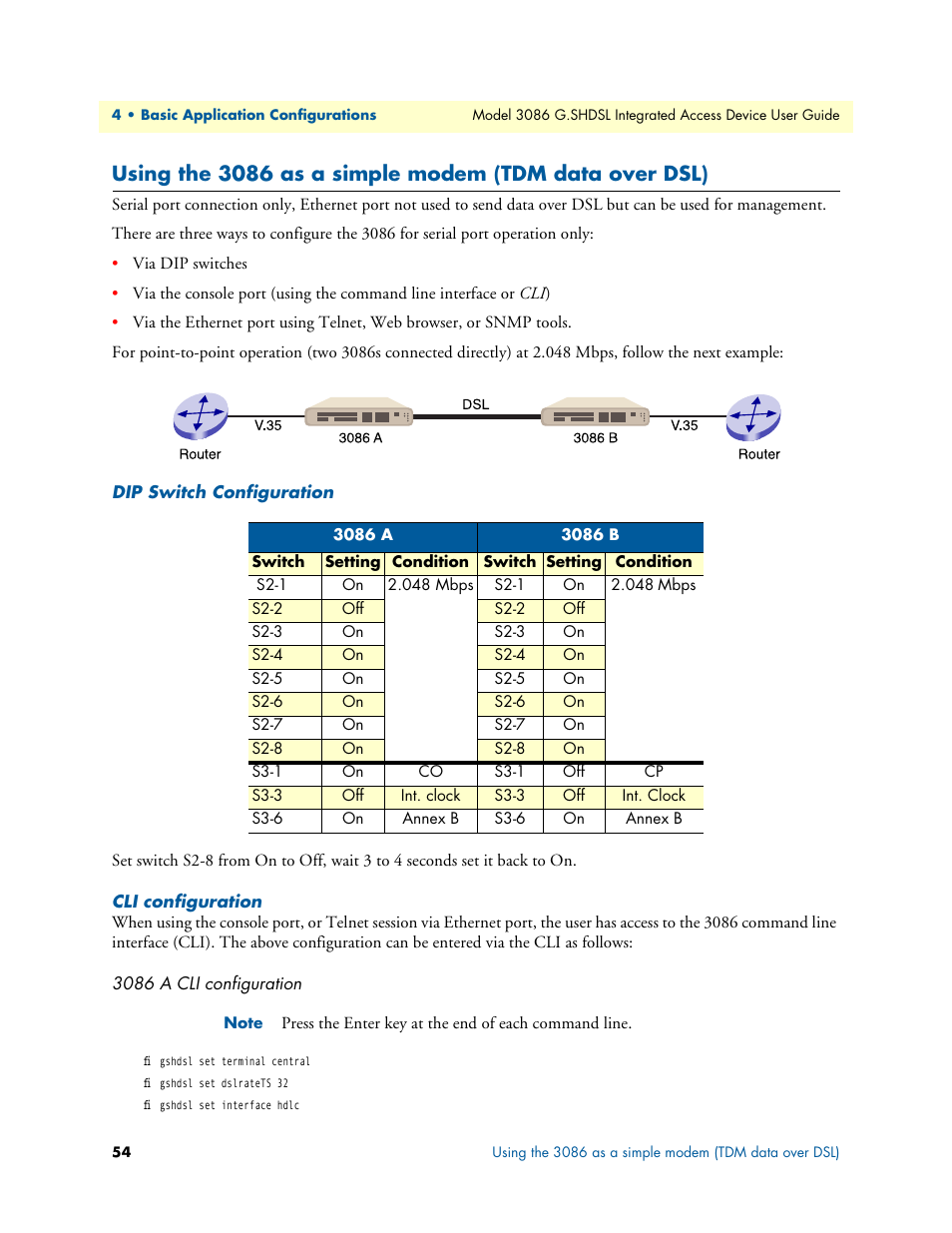 Dip switch configuration, Cli configuration, 3086 a cli configuration | Dip switch configuration cli configuration | Patton electronic G.SHDSL INTEGRATED 3086 User Manual | Page 54 / 196