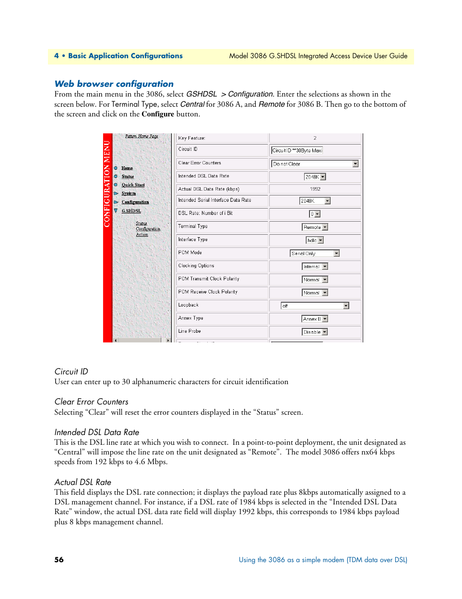 Web browser configuration, Circuit id, Clear error counters | Intended dsl data rate, Actual dsl rate | Patton electronic G.SHDSL INTEGRATED 3086 User Manual | Page 56 / 196