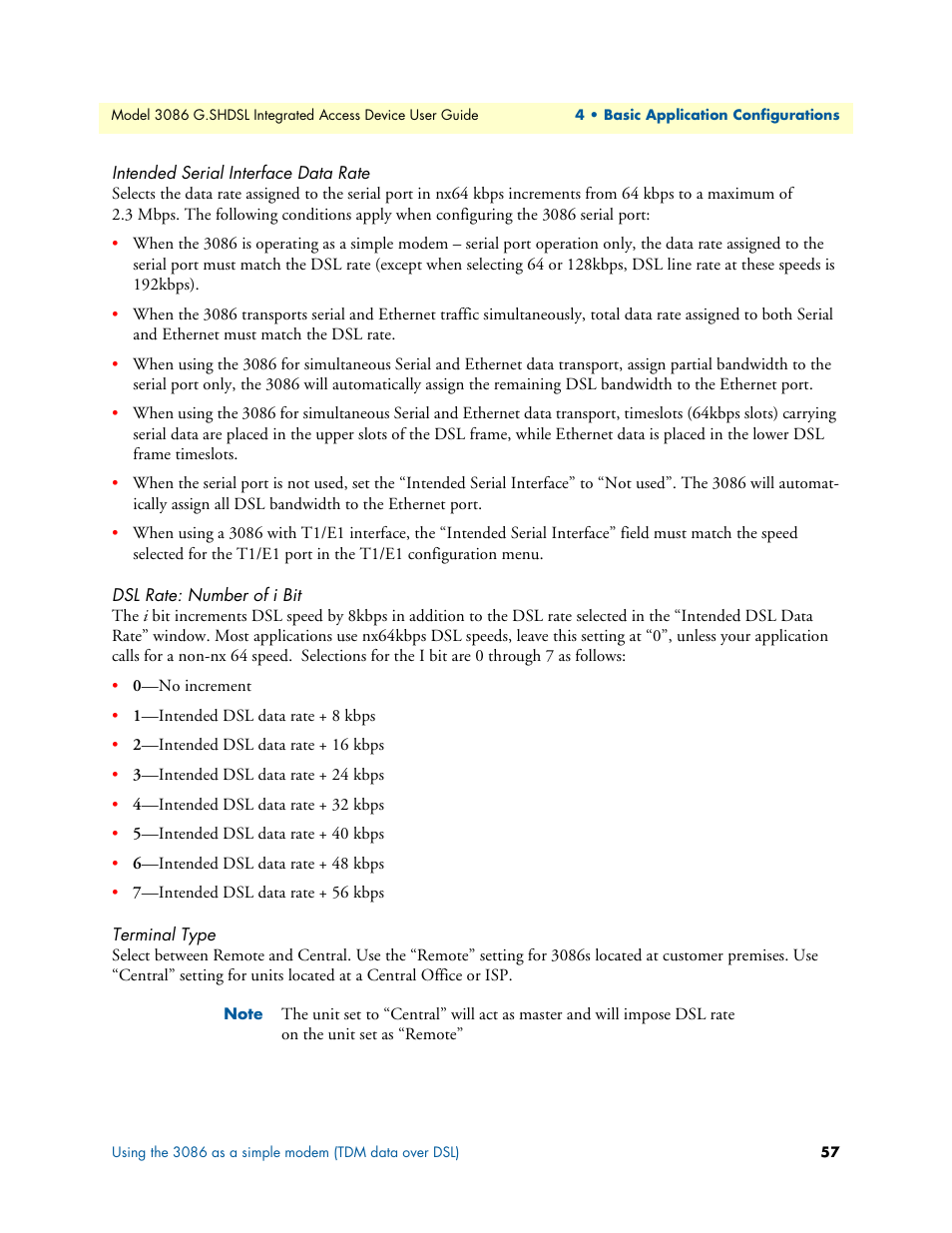 Intended serial interface data rate, Dsl rate: number of i bit, Terminal type | Patton electronic G.SHDSL INTEGRATED 3086 User Manual | Page 57 / 196