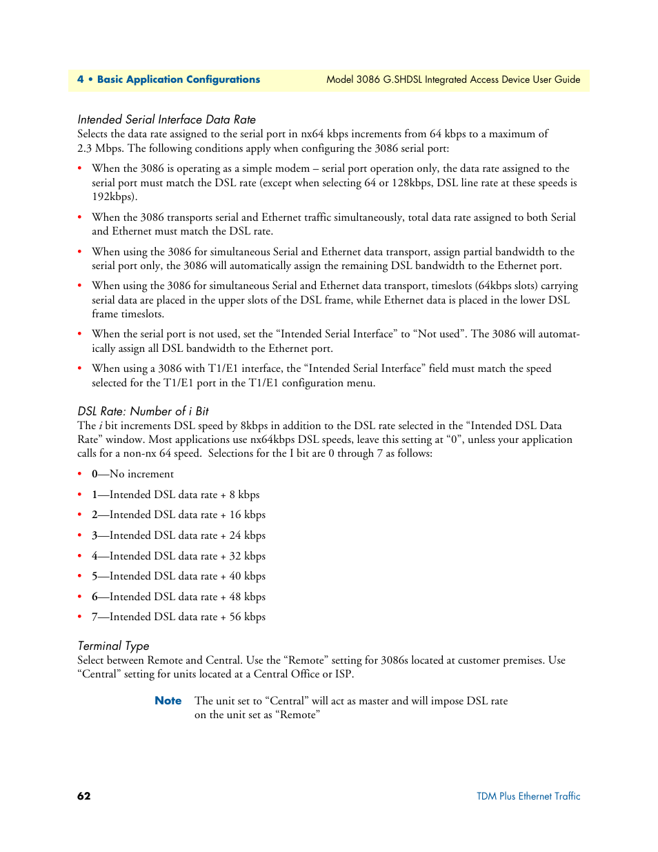 Intended serial interface data rate, Dsl rate: number of i bit, Terminal type | Patton electronic G.SHDSL INTEGRATED 3086 User Manual | Page 62 / 196