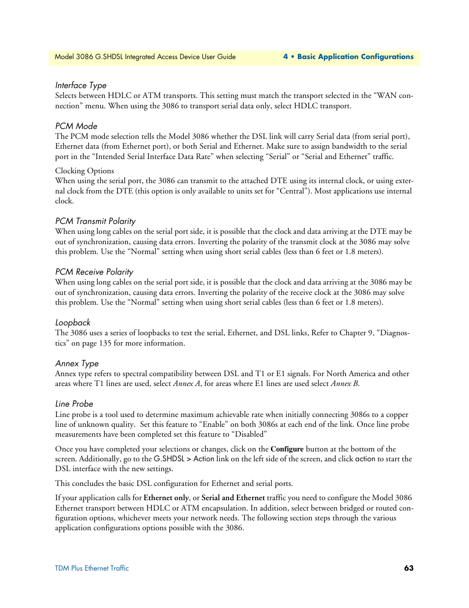 Interface type, Pcm mode, Pcm transmit polarity | Pcm receive polarity, Loopback, Annex type, Line probe | Patton electronic G.SHDSL INTEGRATED 3086 User Manual | Page 63 / 196