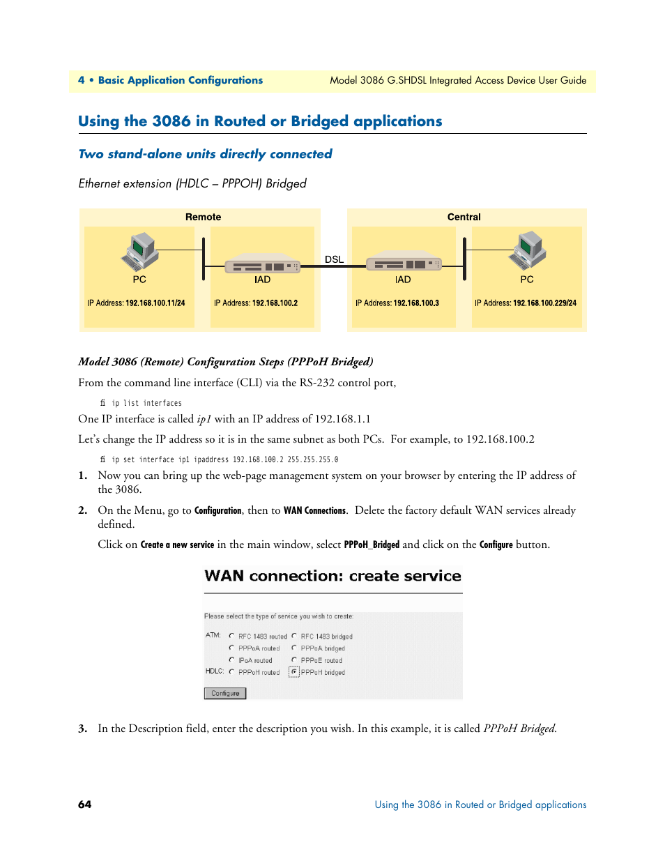 Using the 3086 in routed or bridged applications, Two stand-alone units directly connected, Ethernet extension (hdlc - pppoh) bridged | Ethernet extension (hdlc – pppoh) bridged | Patton electronic G.SHDSL INTEGRATED 3086 User Manual | Page 64 / 196