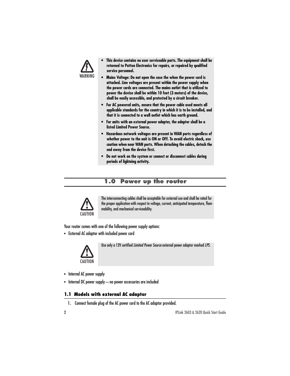 0 power up the router, 1 models with external ac adaptor | Patton electronic 2620 User Manual | Page 2 / 12