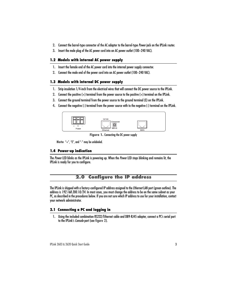 2 models with internal ac power supply, 3 models with internal dc power supply, 4 power-up indication | 0 configure the ip address, 1 connecting a pc and logging in | Patton electronic 2620 User Manual | Page 3 / 12
