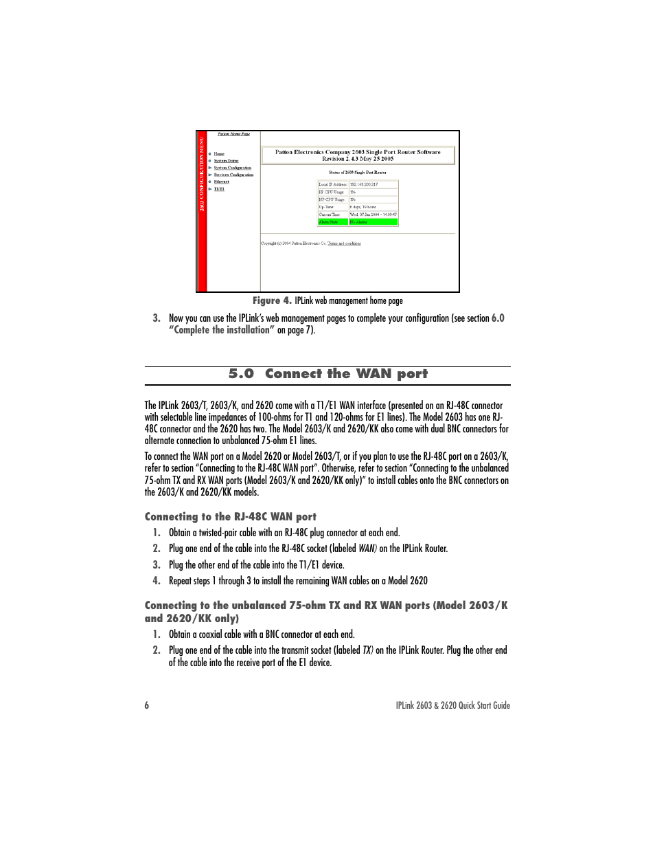 0 connect the wan port, Connecting to the rj-48c wan port | Patton electronic 2620 User Manual | Page 6 / 12
