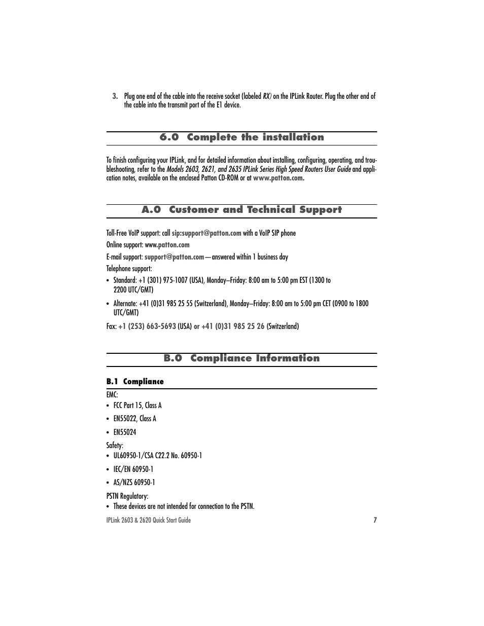 0 complete the installation, Complete the installation | Patton electronic 2620 User Manual | Page 7 / 12