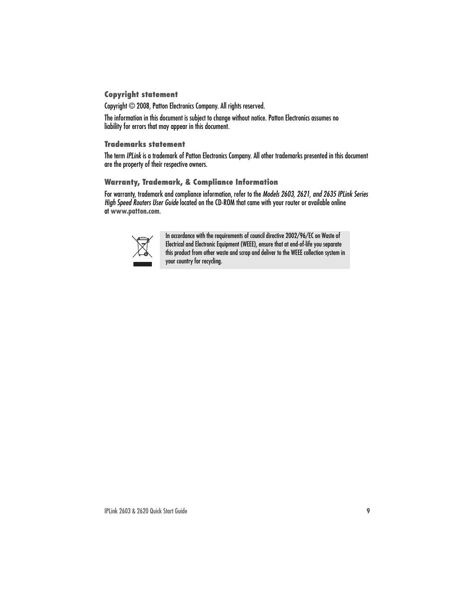 Copyright statement, Trademarks statement, Warranty, trademark, & compliance information | Patton electronic 2620 User Manual | Page 9 / 12