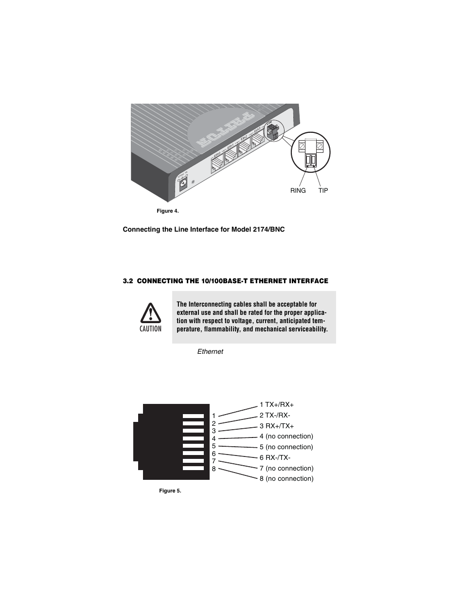 Connecting the line interface for model 2174/bnc, 2 connecting the 10/100base-t ethernet interface, Connecting the 10/100base-t ethernet interface | Section 3.2, “connecting the, Caution | Patton electronic COPPER LINK 2174 User Manual | Page 12 / 24