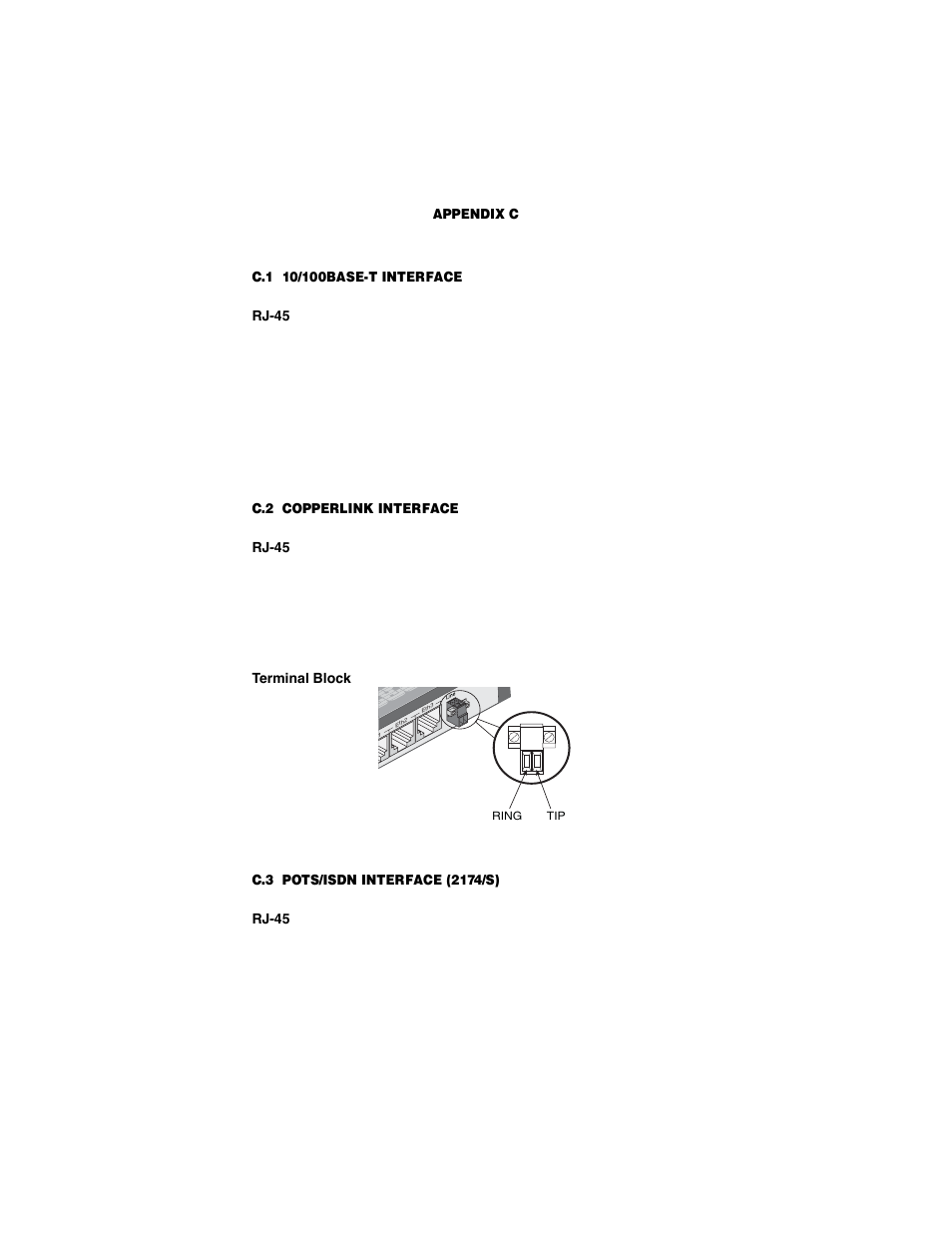 C.1 10/100base-t interface, Rj-45, C.2 copperlink interface | Terminal block, C.3 pots/isdn interface (2174/s), Model 2174 series interface pin assignment, 10/100base-t interface, Copperlink interface, Rj-45 terminal block, Pots/isdn interface (2174/s) | Patton electronic COPPER LINK 2174 User Manual | Page 19 / 24