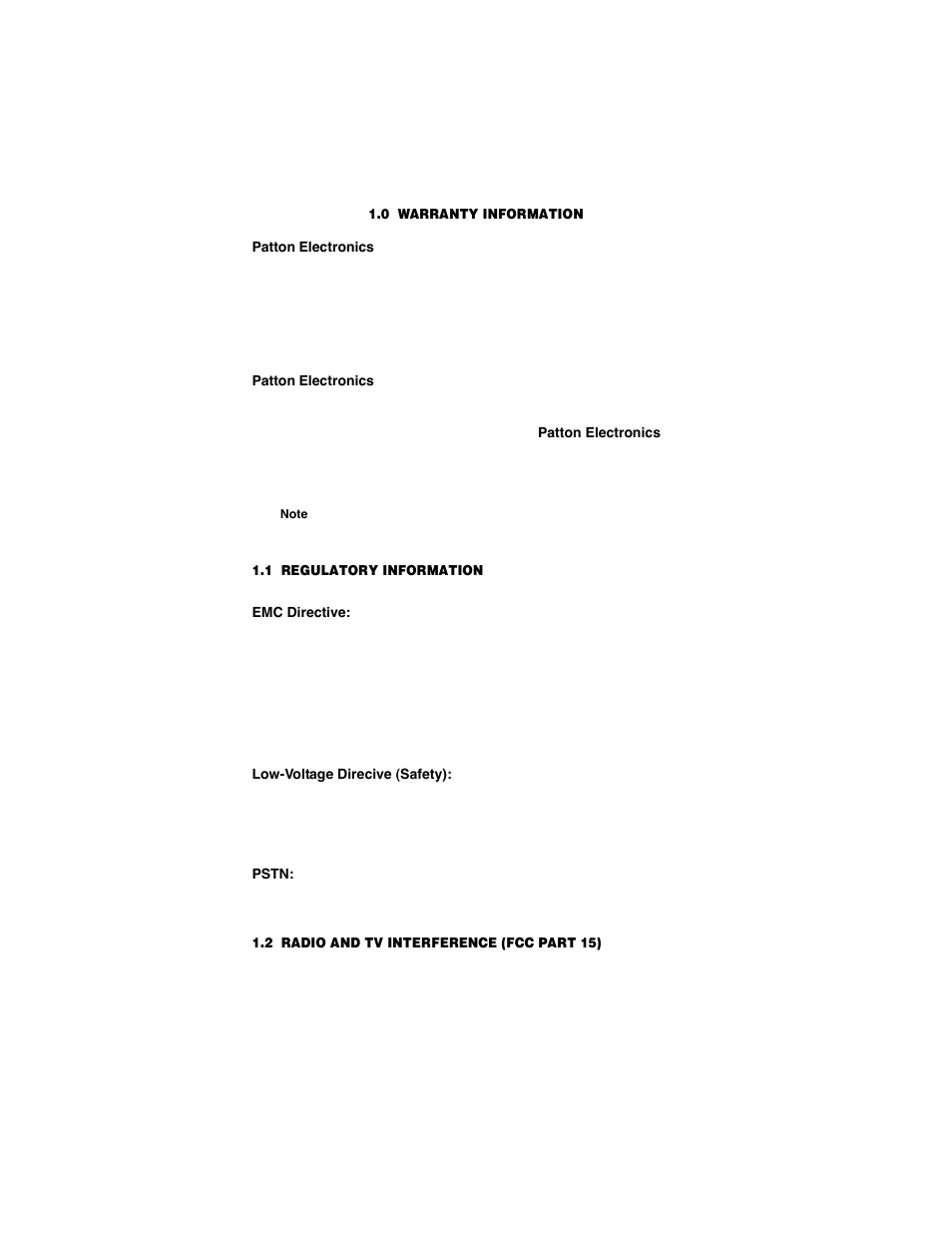 0 warranty information, 1 regulatory information, Emc directive | Low-voltage direcive (safety), Pstn, 2 radio and tv interference (fcc part 15), Warranty information, Regulatory information, Emc directive: low-voltage direcive (safety): pstn, Radio and tv interference (fcc part 15) | Patton electronic COPPER LINK 2174 User Manual | Page 4 / 24
