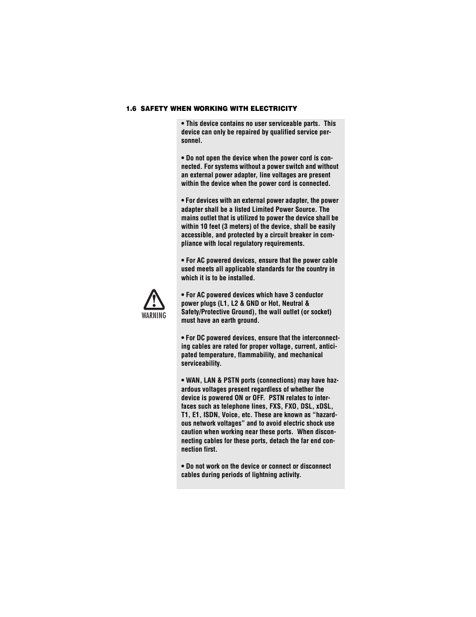 6 safety when working with electricity, Safety when working with electricity | Patton electronic COPPER LINK 2174 User Manual | Page 6 / 24