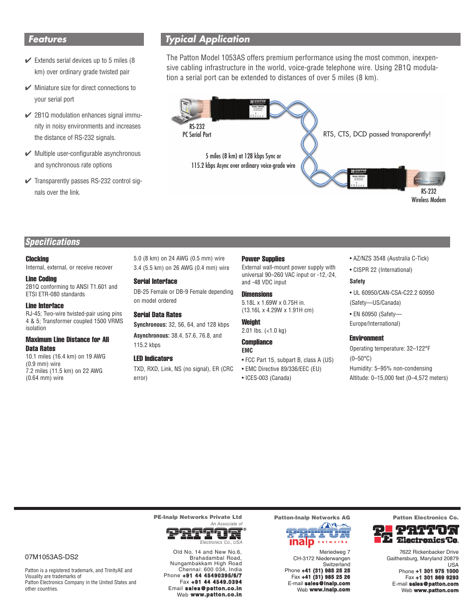 Specifications, Typical application features, Clocking | Line coding, Line interface, Maximum line distance for all data rates, Serial interface, Serial data rates, Led indicators, Power supplies | Patton electronic 1053AS User Manual | Page 2 / 2