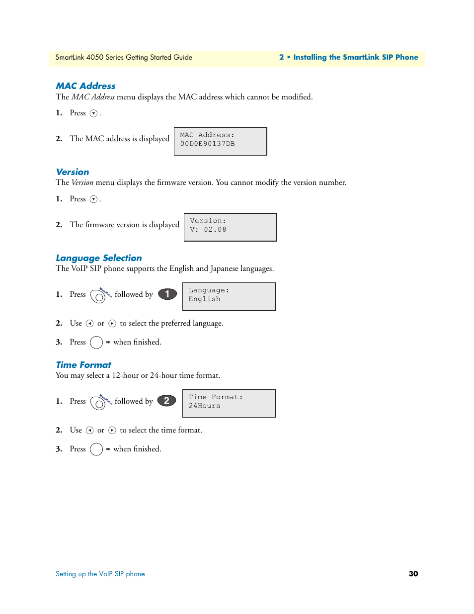 Mac address, Version, Language selection | Time format | Patton electronic SL4050/10 User Manual | Page 30 / 75