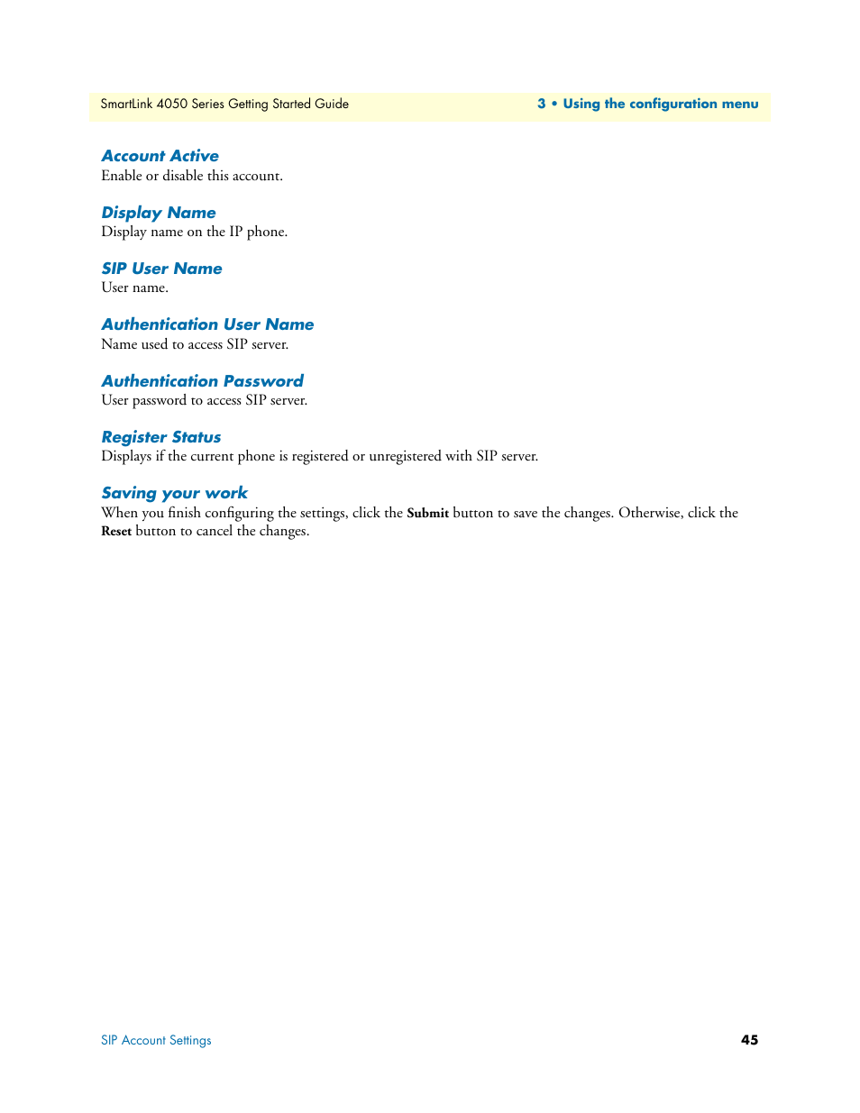 Account active, Display name, Sip user name | Authentication user name, Authentication password, Register status, Saving your work | Patton electronic SL4050/10 User Manual | Page 45 / 75