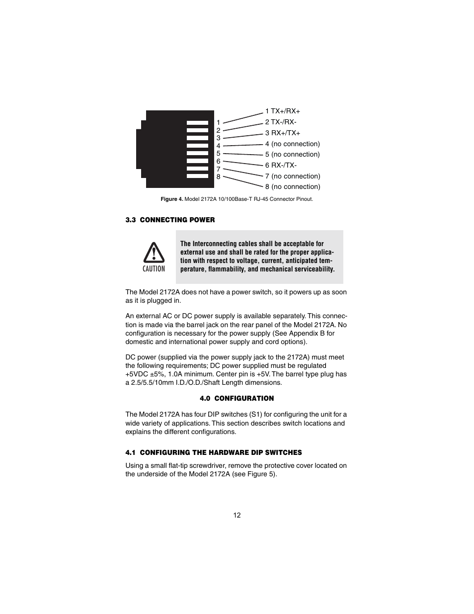 3 connecting power, 0 configuration, 1 configuring the hardware dip switches | Connecting power, Configuration, Configuring the hardware dip switches, Er to section 3.3, “connecting power” on | Patton electronic CopperLINK 2172A User Manual | Page 12 / 20