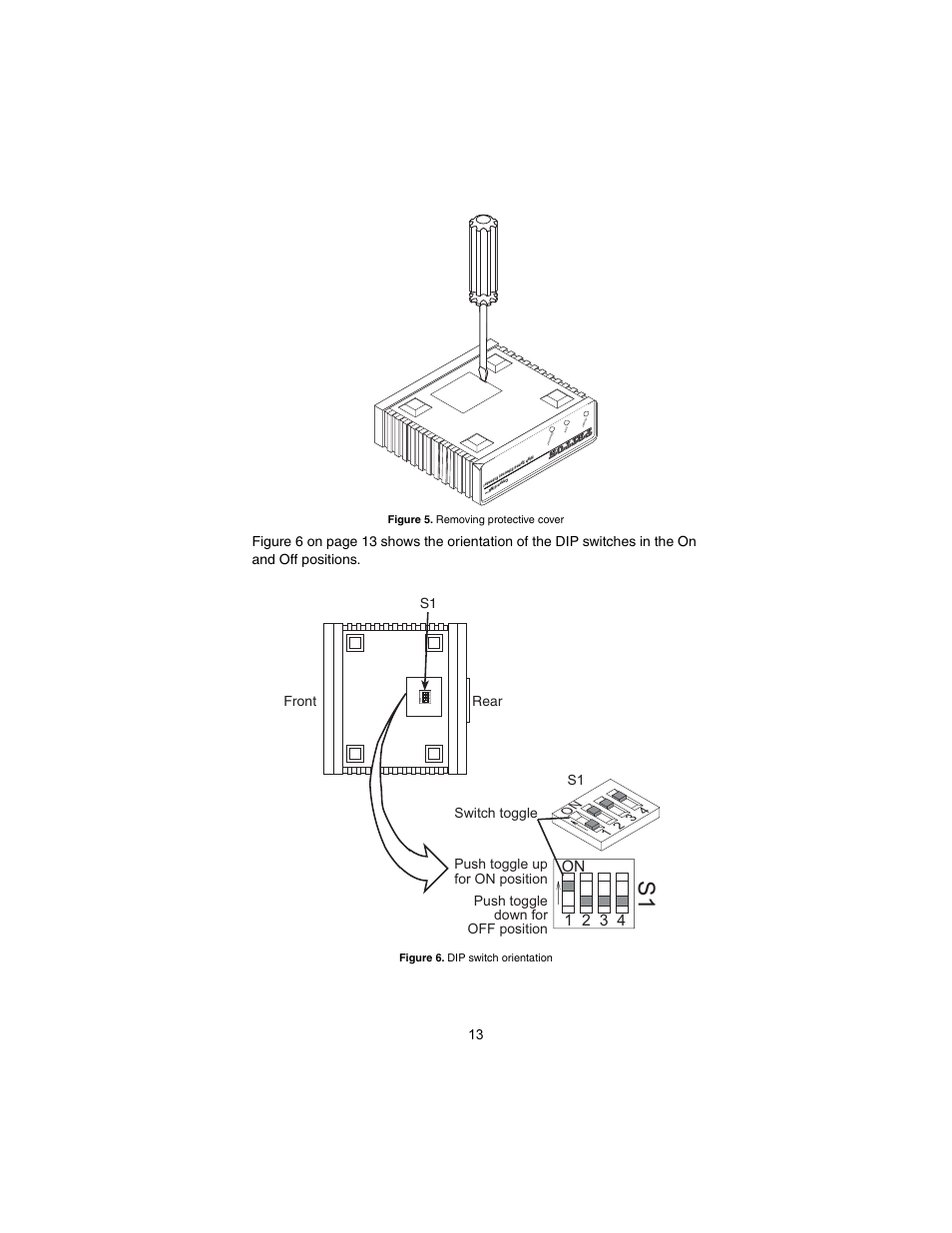 1 2 3 4 on, S1 rear front, 12 3 4 on | Figure 5. removing protective cover, Figure 6. dip switch orientation | Patton electronic CopperLINK 2172A User Manual | Page 13 / 20