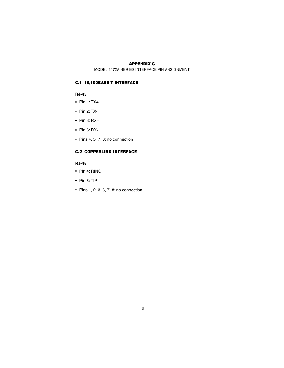 C.1 10/100base-t interface, Rj-45, C.2 copperlink interface | Model 2172a series interface pin assignment, 10/100base-t interface, Copperlink interface | Patton electronic CopperLINK 2172A User Manual | Page 18 / 20