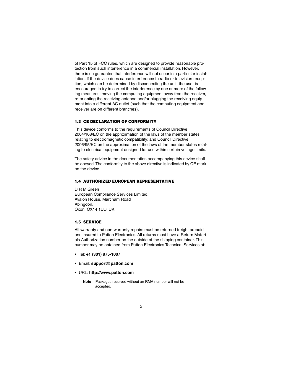 3 ce declaration of conformity, 4 authorized european representative, 5 service | Ce declaration of conformity, Authorized european representative, Service | Patton electronic CopperLINK 2172A User Manual | Page 5 / 20