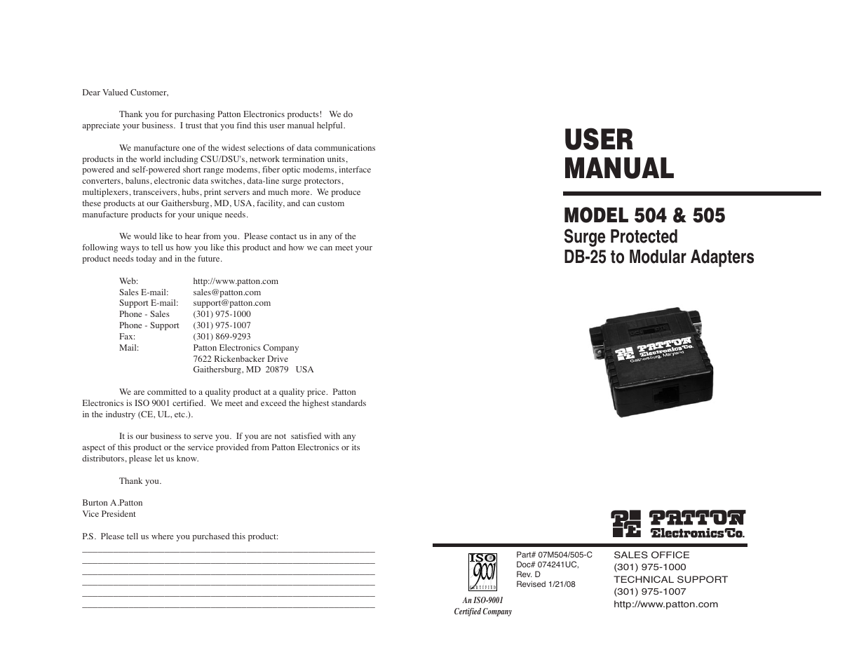 User manual, Surge protected db-25 to modular adapters | Patton electronic 505 User Manual | Page 7 / 8