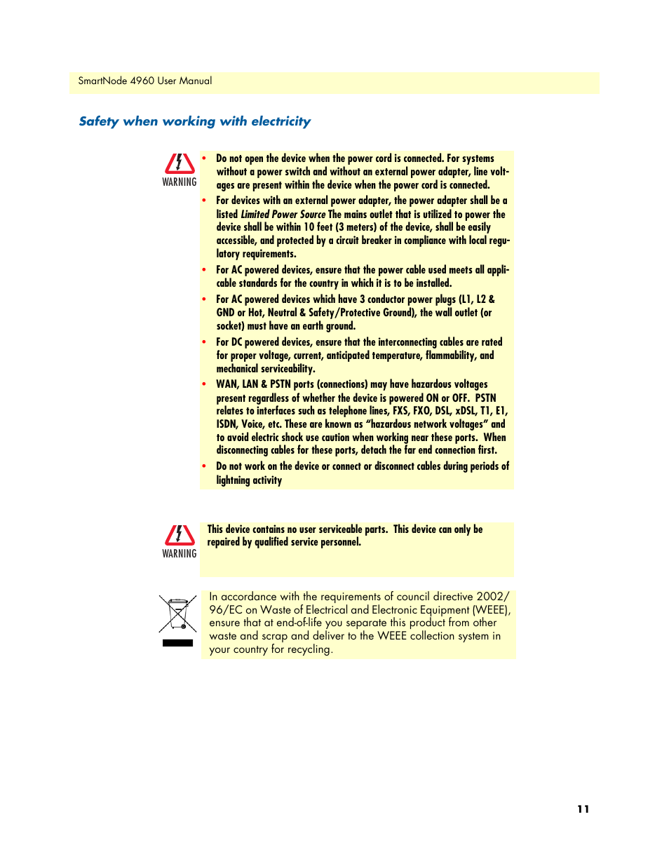 Safety when working with electricity | Patton electronic SMARTNODE 4960 User Manual | Page 11 / 68