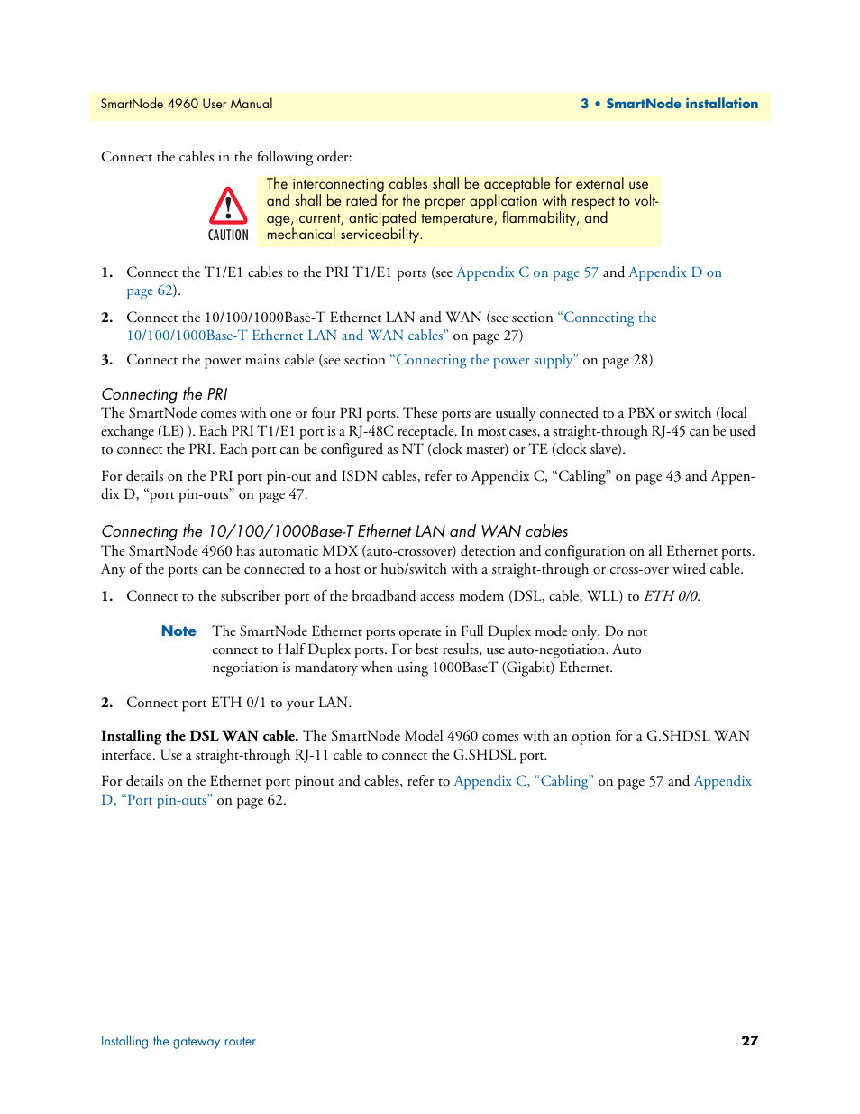 Connecting the pri, Installing the dsl wan cable | Patton electronic SMARTNODE 4960 User Manual | Page 26 / 68