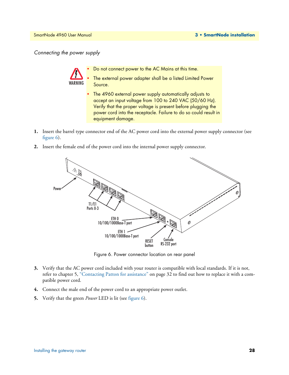 Connecting the power supply, Power connector location on rear panel | Patton electronic SMARTNODE 4960 User Manual | Page 27 / 68