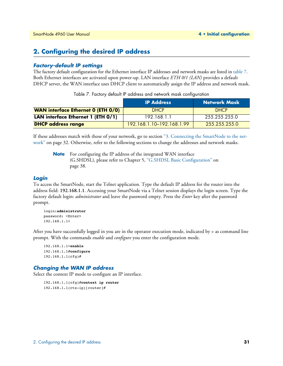 Configuring the desired ip address, Factory-default ip settings, Login | Changing the wan ip address | Patton electronic SMARTNODE 4960 User Manual | Page 30 / 68