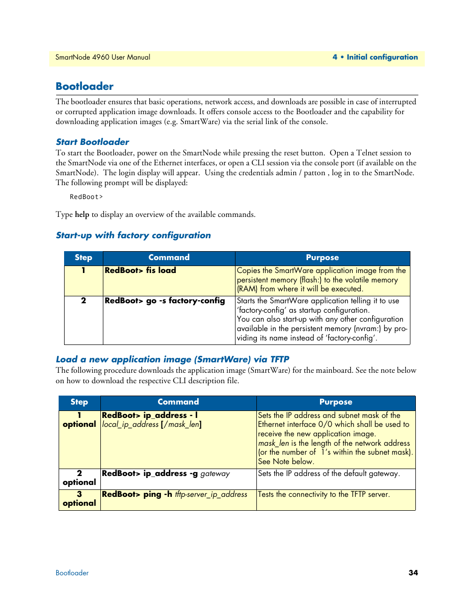 Bootloader, Start bootloader, Start-up with factory configuration | Load a new application image (smartware) via tftp | Patton electronic SMARTNODE 4960 User Manual | Page 33 / 68