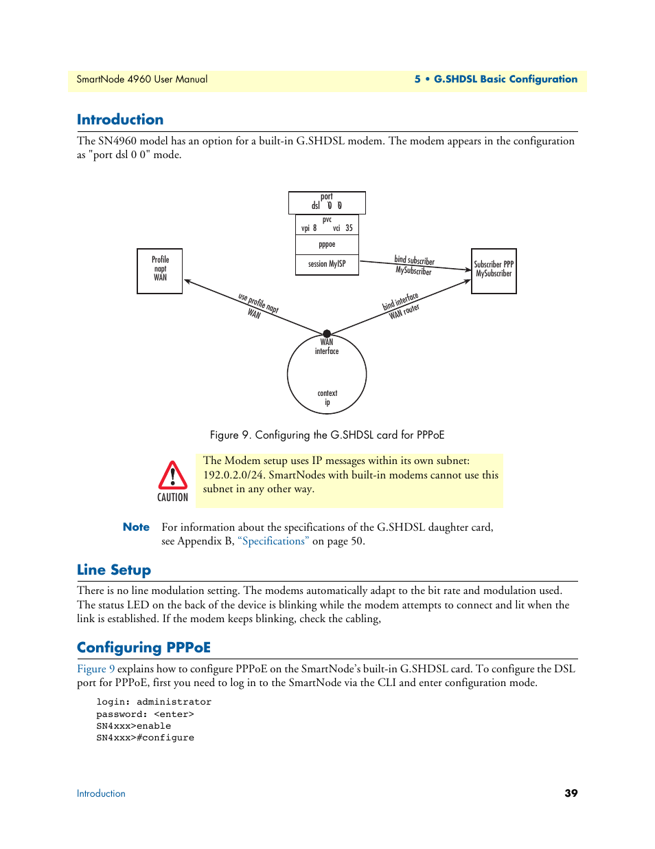 Introduction, Line setup, Configuring pppoe | Configuring the g.shdsl card for pppoe | Patton electronic SMARTNODE 4960 User Manual | Page 38 / 68