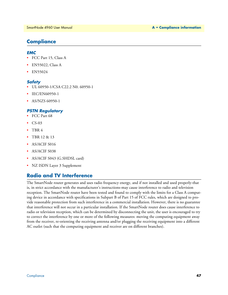 Compliance, Safety, Pstn regulatory | Radio and tv interference | Patton electronic SMARTNODE 4960 User Manual | Page 46 / 68