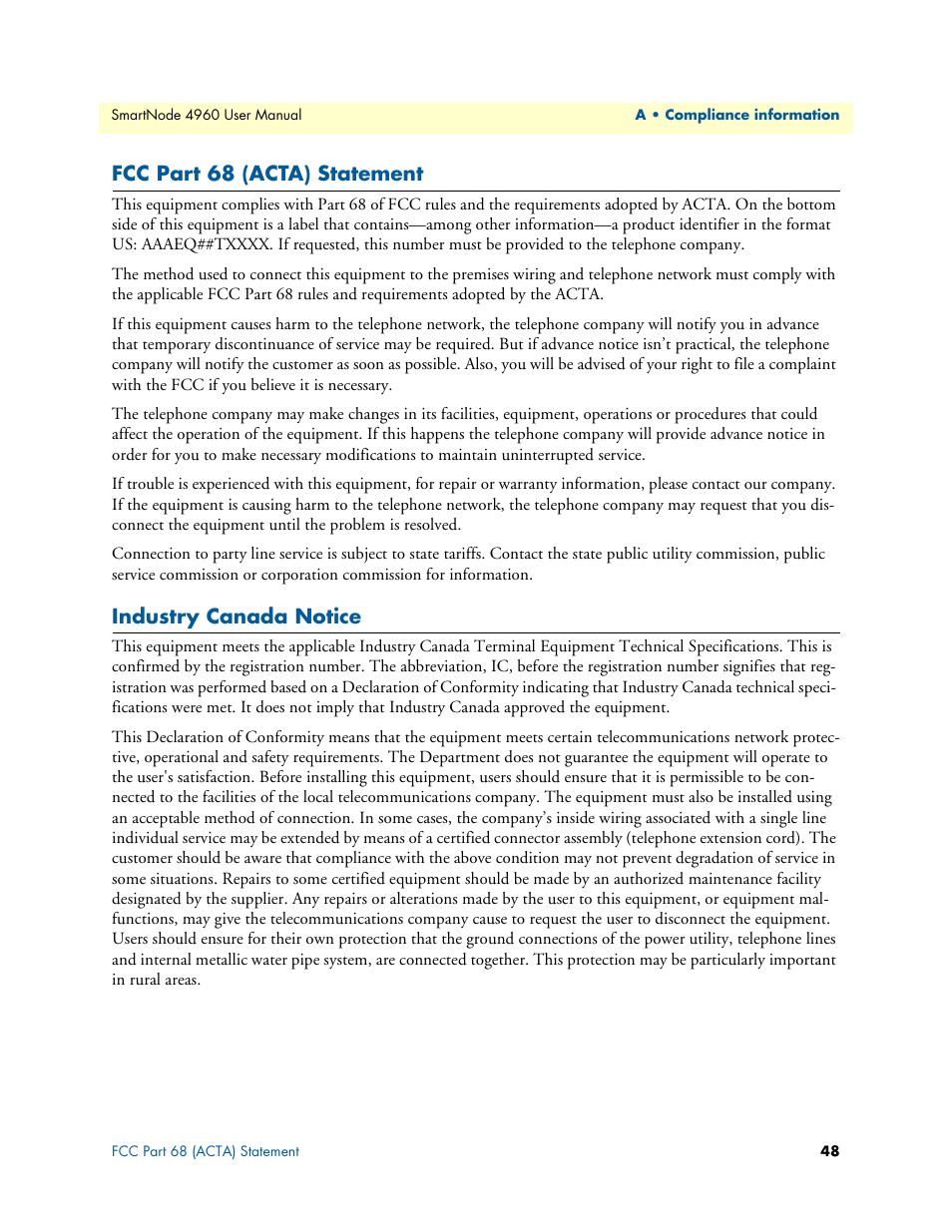 Fcc part 68 (acta) statement, Industry canada notice | Patton electronic SMARTNODE 4960 User Manual | Page 47 / 68