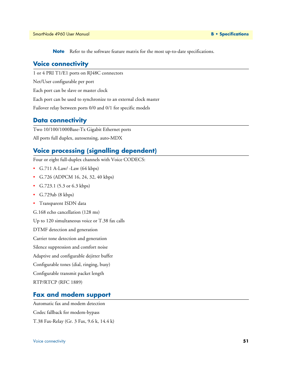 Voice connectivity, Data connectivity, Voice processing (signalling dependent) | Fax and modem support | Patton electronic SMARTNODE 4960 User Manual | Page 50 / 68