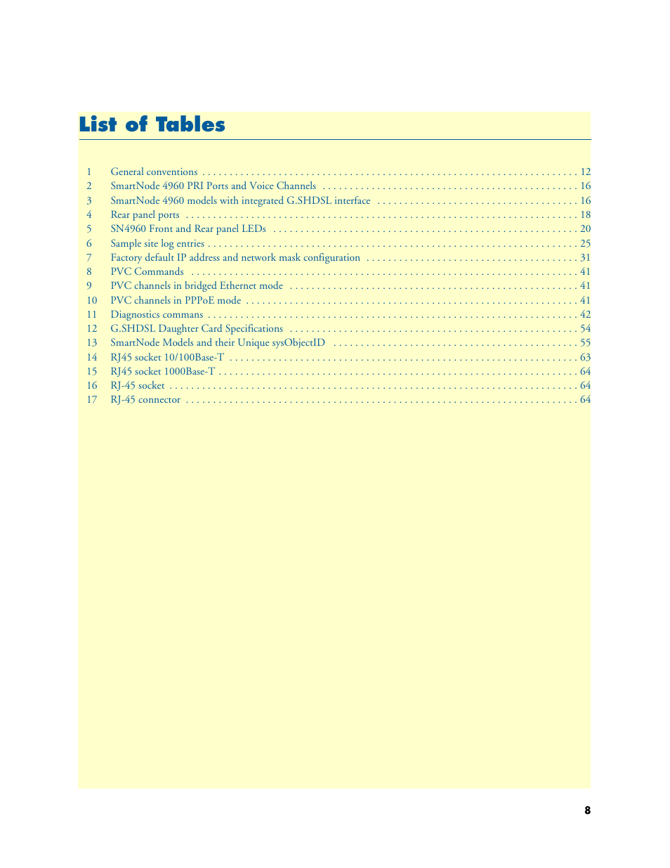 List of tables, Li st of tables | Patton electronic SMARTNODE 4960 User Manual | Page 8 / 68