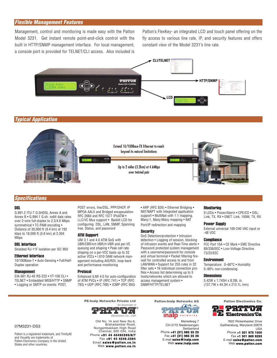 Specifications flexible management features, Typical application | Patton electronic Industrial Ethernet Extender with LCD Interface 3231 User Manual | Page 2 / 2