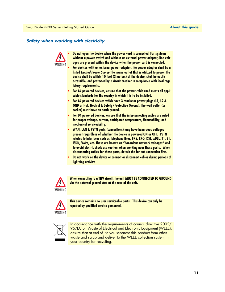 Safety when working with electricity | Patton electronic SmartNode 4400 User Manual | Page 11 / 69