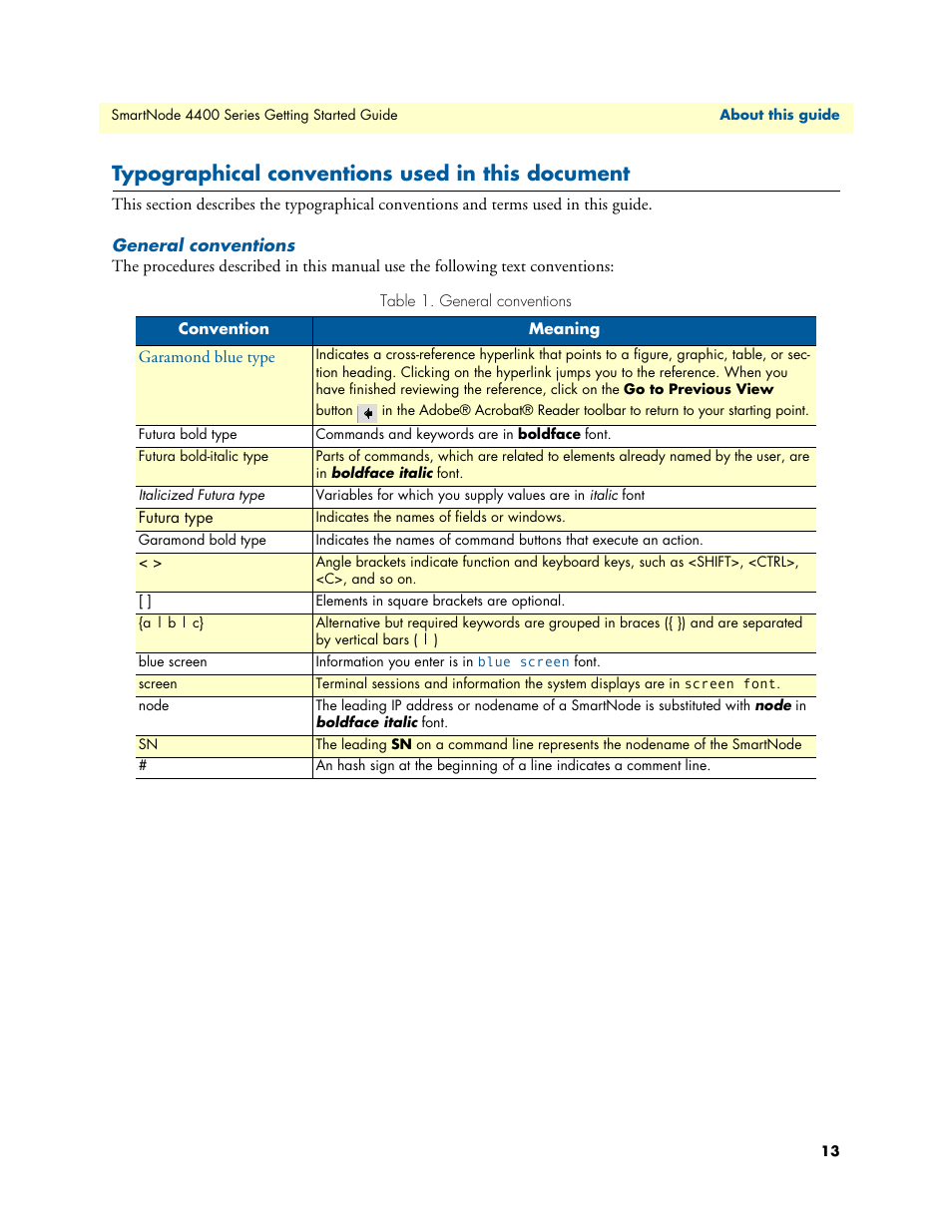 Typographical conventions used in this document, General conventions | Patton electronic SmartNode 4400 User Manual | Page 13 / 69